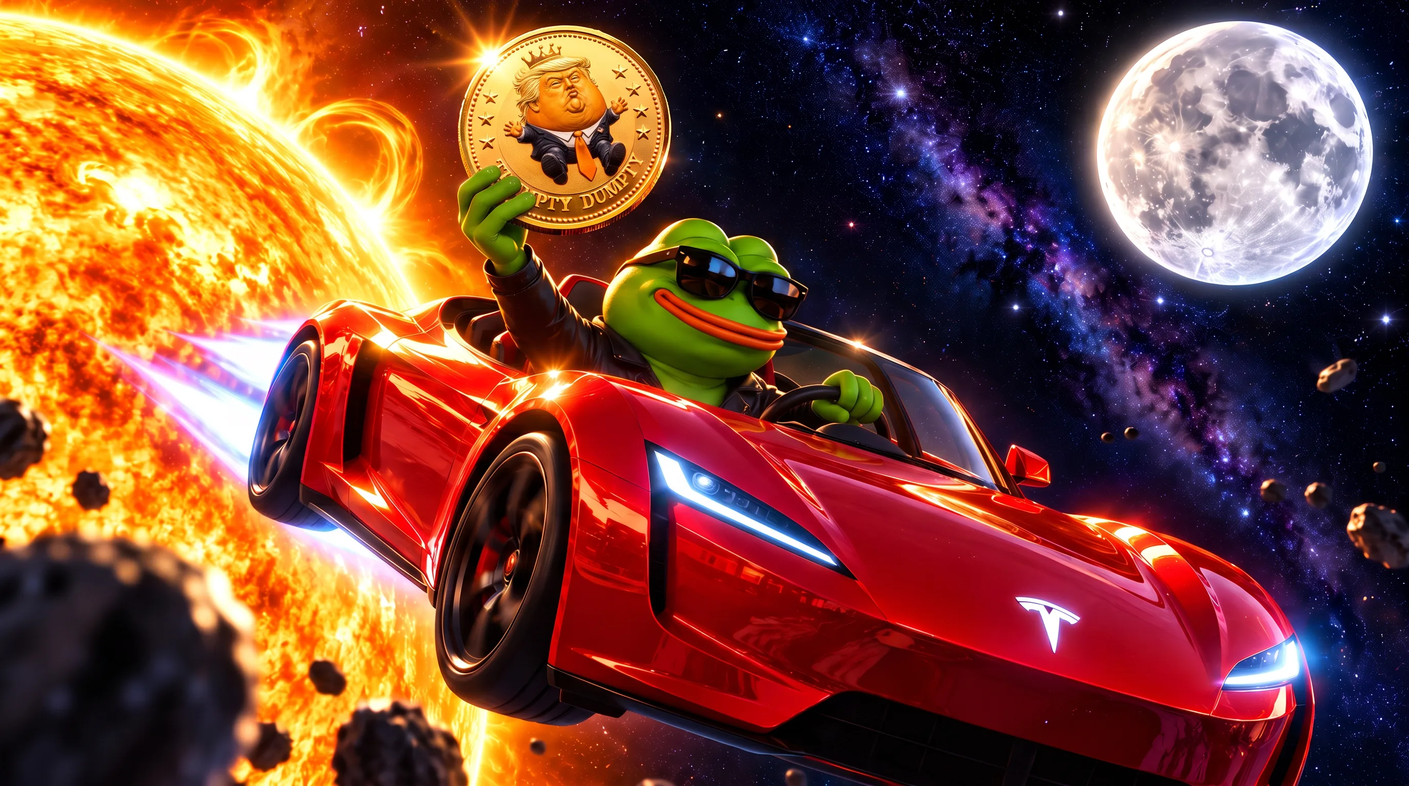 Pepe the frog in a red Tesla Roadster convertible, driving through deep space, holding up a giant golden Trumpty Dumpty coin.